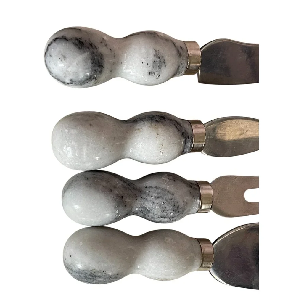 Cheese Spreader Charcuterie Set Gray/White Polished Marble Stainless Steel 5.5